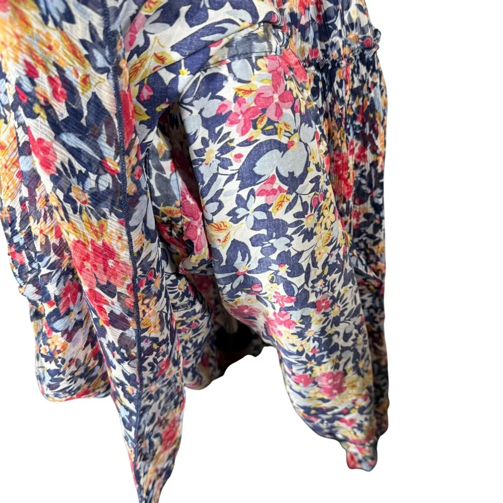 Sundance Floral Cupro Midi Dress Blue Red‎ Smocked Waist Short Sleeve Womens L
